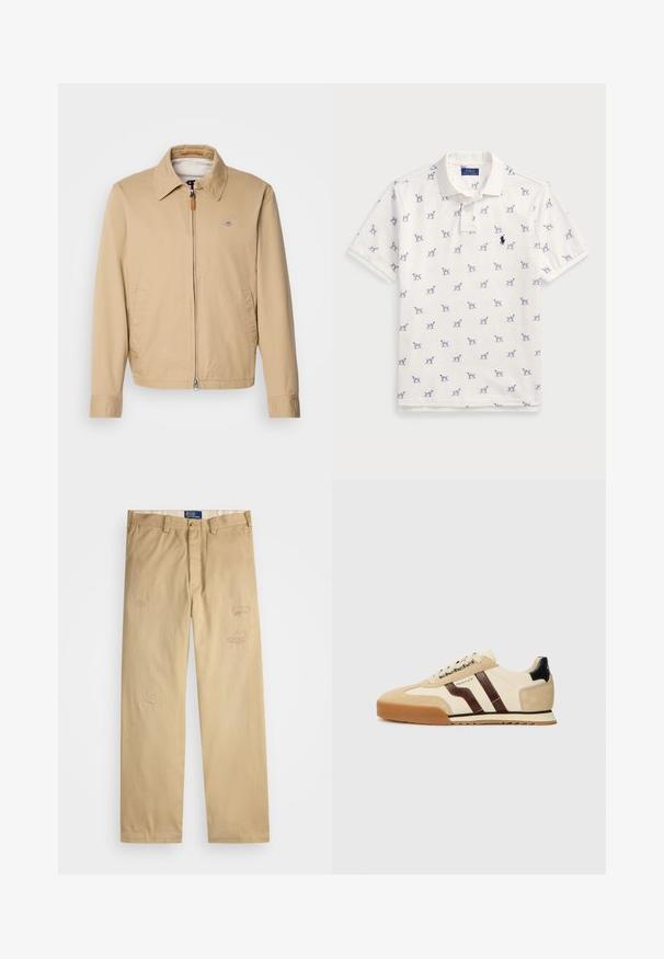 Bežs, viegls džemperis ar apkakli, priekšējo rāvējslēdzēju, divām sānu kabatām un mazu logotipu uz krūtīm. Gluda auduma, ikdienišķs dizains.; Balta polo krekls, kas izgatavots no kokvilnas, ar atkārtotu zilu suņu rakstu un mazu zilu logo uz krūšu daļas. Īsas piedurknes un apkakle.; Beige kokvilnas bikses ar taisnu piegriezumu. Iezīmēts ar izsistiem laukumiem un izšuvumiem priekšpusē. Klasiska pogu un rāvējslēdzēja aizdare.; GANT BAYLLE - Treniņu apavi - sand