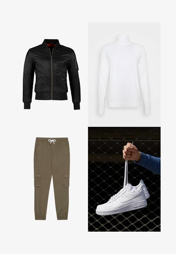 Černá bomberek vyrobená z lesklého nylonu s předním zipem, žebrovanými manžetami a zipovou kapsou na levém rukávu. Vnitřek je jasně červený.; Bílý rolák s dlouhými rukávy, vyrobený z hladké látky. Má přiléhavý střih a žebrované manžety a lem. Žádné vzory nebo akcenty.; Khaki cargo kalhoty s elastickým pasem a tkaničkou, s bočními kapsami a manžetami na kotnících. Vyrobeno z texturovaného, lehkého materiálu.; Bílé kožené tenisky s perforacemi, kulatou špičkou, plochou podrážkou a silnými tkaničkami, které mají viditelné logo swoosh a nápis "AIR" na patě.