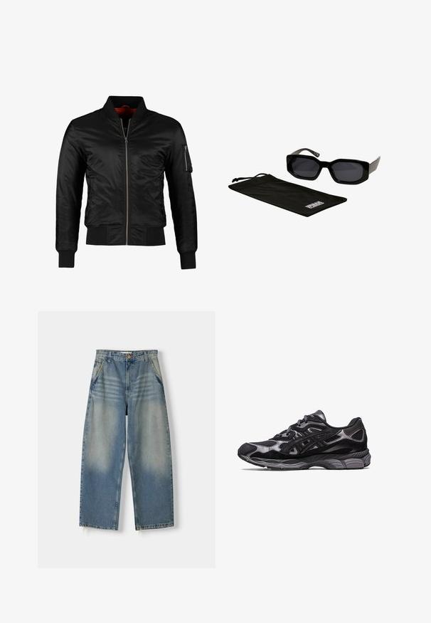 Schwarze Bomberjacke aus glänzendem Nylon mit einem Frontreißverschluss, gerippten Bündchen und einer Reißverschlusstasche am linken Ärmel. Das Innenfutter ist leuchtend rot.; Schwarzes Baumwoll-T-Shirt mit einem weißen "ARCHIVE inc." Logo auf der Brust, kurzen Ärmeln und einem Rundhalsausschnitt.; Hellblaue Denim-Jeans im weit geschnittenen Stil mit einem ausgewaschenen Finish, Fünf-Taschen-Design und rohem Saum. Mit einem Knopf- und Reißverschluss vorne.; Schwarzer Sportschuh mit einem Obermaterial aus Mesh und Wildleder, der ein strukturiertes Design und eine robuste, gepolsterte graue Sohle aufweist.; Schwarze Sonnenbrille mit eckigen, übergroßen Rahmen und dunklen Gläsern, begleitet von einem schwarzen Mikrofaserbeutel mit einem Logo.