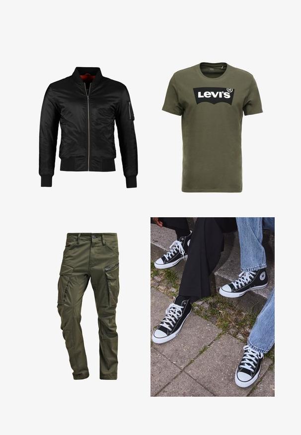 Svart bomberjakke laget av blank nylon med glidelås foran, ribbestrikkede mansjetter, og en glidelåslomme på venstre erme. Innvendig er den lys rød.; Oliven grønn bomulls t-skjorte med en stor svart Levi's-logo på forsiden. Klassisk crewneck og korte ermer, glatt tekstur.; Olivengrønne cargo-bukser lavet af robust bomuld. Har flere lommer, en lynlåslomme på siden og tætsiddende ben med en let struktureret overflade.; Sorte høyre sneakers i kanvas med hvite gummisåler og snøringer, med et rundt logo på siden og kombinert med denim og sorte bukser.
