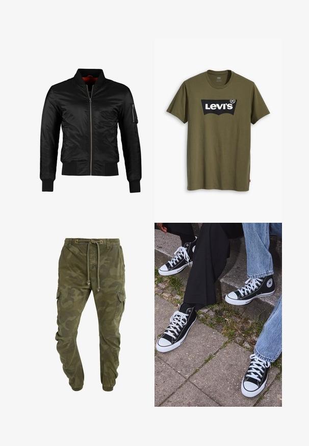 Zwarte bomberjack gemaakt van glanzend nylon met een ritssluiting aan de voorkant, ribgebreide manchetten en een ritszak op de linkermouw. De binnenkant is felrood.; Olijfgroen katoenen T-shirt met een groot zwart Levi's-logo in een contrasterende semi-gebogen vorm over de borst. Regular fit.; Groene cargobroek met camouflagemotief, voorzien van een trekkoord in de taille, elastische boorden en zijzakken. Gemaakt van duurzaam materiaal.; Zwarte canvas sneakers met hoge schacht, witte rubberen zolen en veters, met een cirkelvormig logo aan de zijkant, gecombineerd met denim en zwarte broeken.