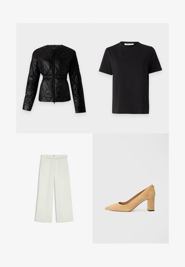 Schwarze gesteppte Jacke mit taillierter Passform, elastischem Bund, Reißverschluss und langen Ärmeln, die einen dezenten Glanz und ein geometrisches Muster aufweisen.; Schwarzes T-Shirt mit kurzen Ärmeln aus weicher Baumwolle, mit rundem Ausschnitt, lockerer Passform und glatter Textur. Keine sichtbaren Muster oder Grafiken.; Weite Hose aus zartem Creme-Stoff, mit seitlichen Taschen, flatem Bund und einer Knopfverschluss an der Taille. Glatte Textur.; Beige Wildleder-Pumps mit hohem Absatz, spitz zulaufend und mit einem klobigen Blockabsatz. Das Material hat eine weiche Textur mit einer glatten Oberfläche.