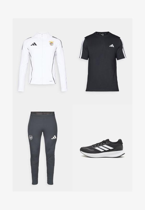 Balta jaka ar rāvējslēdzēja aizdari, melniem akcentiem un Adidas logotipu. Komisijas emblema ar divām zvaigznēm, mīksta auduma ar gludu tekstūru.; Melna kokvilnas T-kreklā ar īsām piedurknēm, uz kurām ir baltas svītras plecu daļā un balts logos kreisajā krūtīs.; Tumši pelēki sporta bikses ar pieguļošu dizainu, ar baltām Adidas svītrām un Arsenāla logo kreisajā augšstilbā. Gluda tekstūra.; Melnas sporta kurpes ar elpojošu acs augšu, baltām akcentiem un mīkstu zoli. Sānā ir trīs svītru logo.