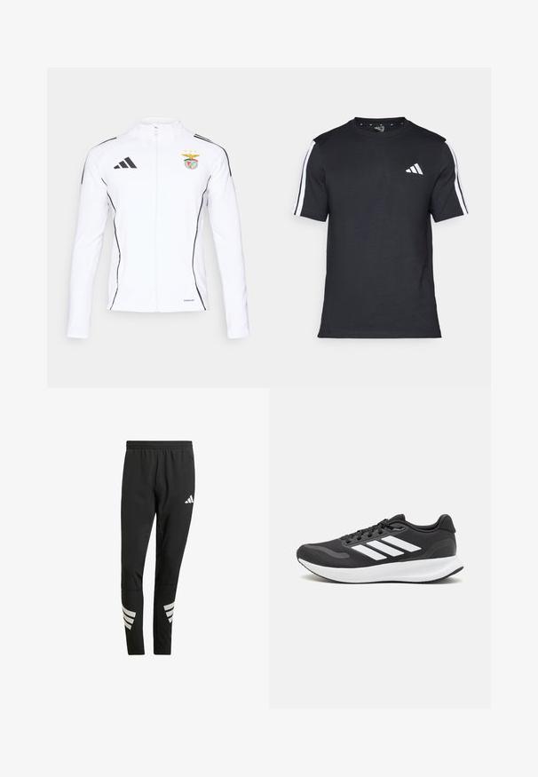 Biela bunda so zipsovým zapínaním, čierne akcenty a logo Adidas. Obsahuje tímový emblém s dvoma hviezdami, mäkká tkanina s hladkou textúrou.; Čierne tričko z bavlny s krátkymi rukávmi, s bielymi pruhmi na pleciach a bielym logom na ľavej hrudi.; Čierne športové nohavice s elastickým pásom, s reflexnými bielymi akcentmi v pruhovanom vzore na dolnej časti nôh. Vyrobené z hladkej tkaniny.; Čierna športová obuv s priedušným sieťovaným zvrškom, bielymi akcentmi a polstrovanou podrážkou. Na bočnej strane sa nachádza logo so tromi pruhmi.
