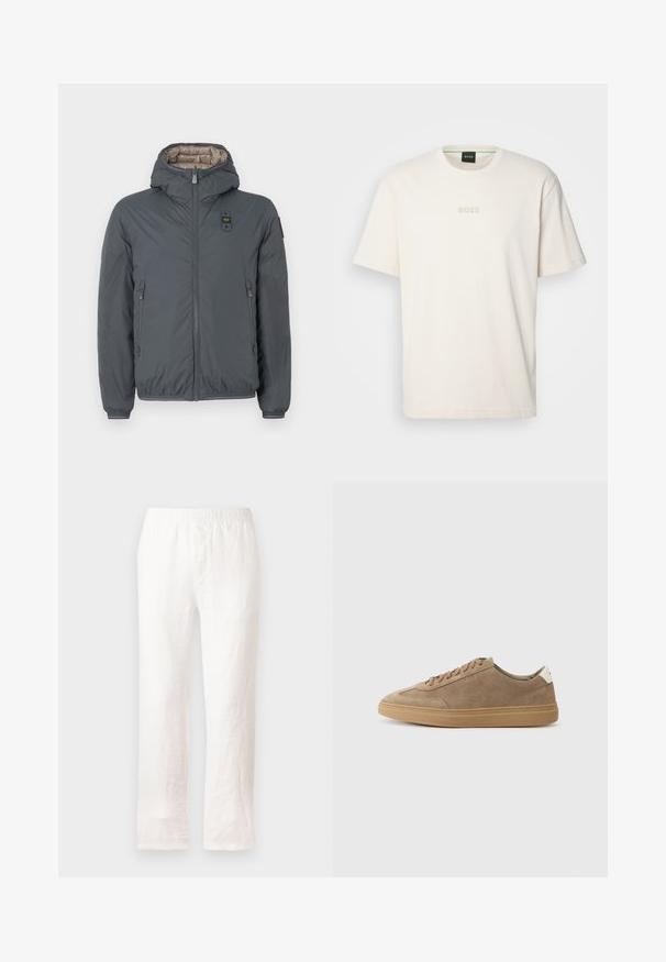 Tamsiai pilkas pūkinis džemperis su kapišonu, priekyje su užtrauktuku, užtraukiamomis šoninėmis kišenėmis ir mažu logotipo priklijuojamu ant krūtinės ir kairioji rankovės.; BOSS TEE - Paprasti marškinėliai - open white; Baltos lininės kelnių su elastine juosta, tiesaus kirpimo dizainas ir šiek tiek tekstūruota medžiaga. Be raštų ar papildomų detalių.; Šviesiai rudos su mikrošuolių sportinės bateliai su guma padusi. Yra su raištelių uždarymu ir minimalistiniu stiliumi, akcentuotu baltu kulno lipduku.