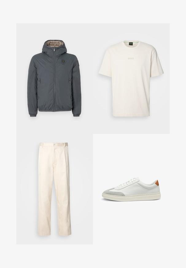 Dark gray hooded puffer jacket with front zipper, zippered side pockets, and a small logo patch on the chest and left sleeve.; BOSS TEE - Basic T-shirt - open white; Beige cotton trousers with a straight-leg cut, featuring a button closure and pleats at the front for added detail.; White leather sneakers with gray suede accents and a tan leather heel tab. Features a textured surface and lightweight sole.