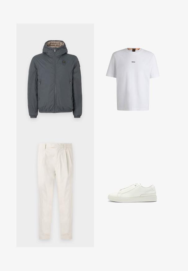 Mørkegrå hættetrøje-pufferjakke med frontlynlås, lynlåslommer i siderne og et lille logo-patch på brystet og venstre ærme.; Hvid bomuld T-shirt med korte ærmer, med et sort "BOSS" logo centreret på brystet og en rund halsudskæring.; Hvide, plisserede bukser med en skræddersyet pasform, der har en glat overflade, bæltestropper og smalnede ben. Ingen synlige lommer eller mønstre.; Hvide lædersneakers med en tekstureret overdel, rund tå, minimalisk design og en gummisål med syede detaljer.