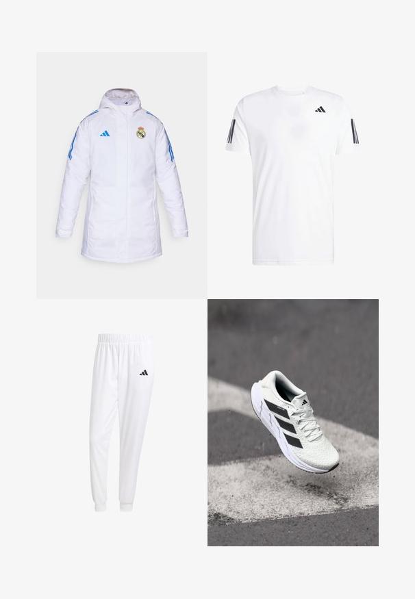 Witte geïsoleerde jas met een capuchon, met blauwe strepen en het Real Madrid-logo op de borst. Gemaakt van glad, weersbestendig materiaal.; Witte T-shirt van stof met korte mouwen, ronde hals en drie zwarte diagonale strepen op elke mouw. Subtiel logo op de borst.; Witte sportbroek van gladde stof, met een elastische tailleband en smalle taillebanden, voorzien van een zwart logo op de achterzak.; Witte sportschoen met een textuur van mesh, zwarte strepen, vetersluiting en een gevoerde zool, zwevend boven een gemarkeerd wegoppervlak.
