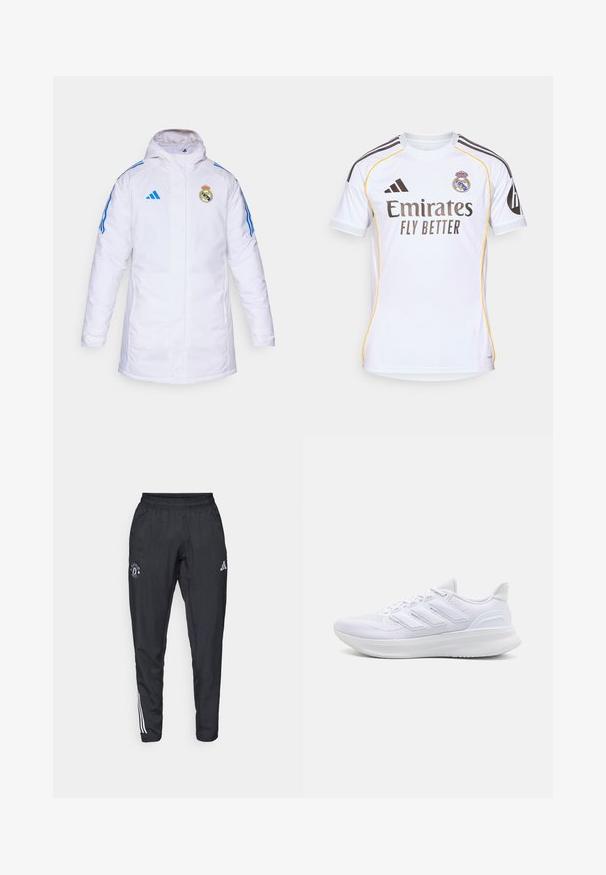 Giacca isolante bianca con cappuccio, con strisce blu e il logo del Real Madrid sul petto. Realizzata in materiale liscio e resistente alle intemperie.; Maglia da calcio bianca realizzata in tessuto leggero, con accenti gialli, strisce nere sulle spalle e logo della squadra sul petto.; Pantaloni sportivi neri con vita elastica, logo ricamato sulla coscia e strisce bianche che scorrono lungo i lati.; Scarpe sportive bianche con tomaia in mesh texturato, suola ammortizzata e supportiva, e design a tre strisce sul lato.