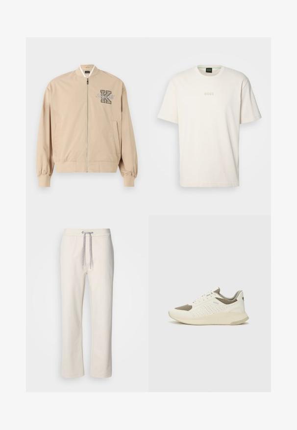 Bežna bomberska jakna z rebrastim ovratnikom, zadrgo in stranskimi žepi. Vsebuje vezenje "Lagerfeld" in izstopajočo črko "K." Gladko teksturo blaga.; BOSS TEE - Navadna majica - open white; Kremaste ležerne hlače z vrvico v pasu in ravnimi nogavicami, prikazane na beli enotni podlagi.; Beli in svetlo bež športni copat, s mrežastim zgornjim delom, perforiranimi detajli in teksturirano srednjim delom z blagovno znamko na peti.
