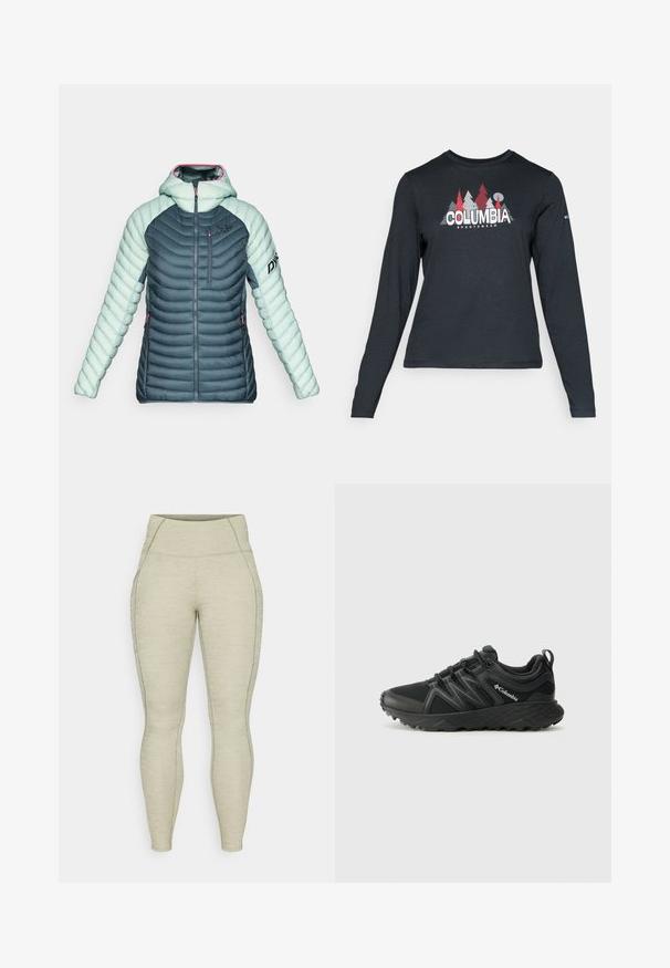 Γυναικείο μαλακό μπουφάν με κουκούλα σε σκούρο γκρι και ανοιχτό μέint πράσινο, με τσέπες εμπρός και στο στήθος που κλείνουν με φερμουάρ, καθώς και λογότυπο στο στήθος και στο μανίκι.; Μακρυμάνικο σκούρο γκρι πουκάμισο με γραφικό κόκκινων δέντρων και βουνών; το λογότυπο "COLUMBIA" σε έντονο λευκό κείμενο. Μαλακό ύφασμα, τυπικός στρογγυλός λαιμός.; Ανοιχτό γκρι αθλητικές κολάν με ψηλή ζώνη, υφή υλικού, λείες ραφές και λεπτομέρεια με τσέπη στο πλάι. Στενή εφαρμογή σε όλη την επιφάνεια.; Columbia PEAKFREAK - Παπούτσια πεζοπορίας - black