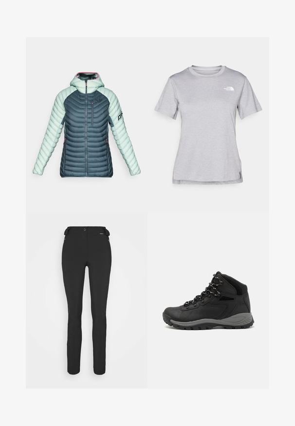 Sötét szürke és világos menta zöld színű női steppelt kapucnis dzseki, elülső és mellkasi cipzáras zsebekkel, valamint logóval a mellkason és az ujján.; Szürke, rövid ujjú póló, puha, nedvességet elvezető anyagból készült. Kerek nyakú, és egy kis fehér logó található a bal felső részen.; Fekete, testhezálló nadrág rugalmas anyagból. Jellemzők: cipzáras oldalzseb, artikulált térdek és sima felület.; Fekete túracipő közepes magasságú kialakítással, texturált felsőrésszel, szürke részletekkel és strapabíró gumitalppal, amelynek tapadós kiemelkedései vannak.