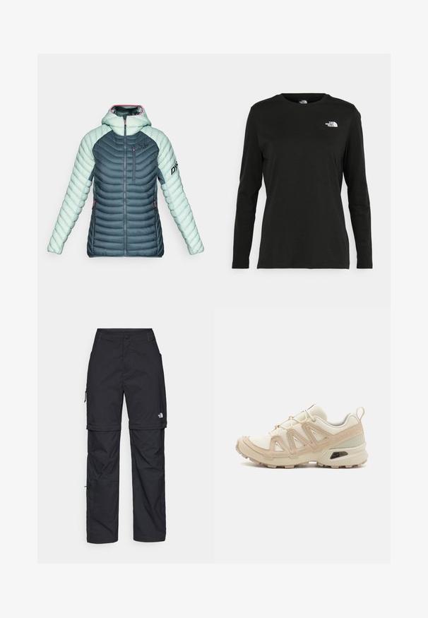 Ženska podstavljena jakna s kapuljačom u tamnosivoj i svijetlozelenoj boji, s prednjim i prsnom rajsferšlusom, te logotipom na prsima i rukavu.; Crni dugih rukava majica od pamuka s okruglim izrezom. Ima mali bijeli logo na lijevoj strani prsnog područja. Jednostavan dizajn i kroj.; Crne najlon hlače s munjevim zatvaranjem, odvojive cargo hlače s podesivim manžetama, brojnim džepovima i logom na desnoj nozi. Glatka, lagana tekstura.; Bež i kremasti sportski tenisice s teksturiranim mrežastim gornjim dijelom, potpornih preklopa i gumeni potplat s uzorcima za prianjanje.