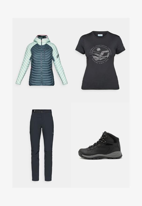 Damernas vadderade huvdjacka i mörkgrått och ljusmyntgröna med fram- och bröstfickor med dragkedja, samt en logotyp på bröstet och ärmen.; Svart Columbia-t-shirt med vit cirkulär linjekonst av berg och flod samt texten "Columbia Sportswear Company Outside Since 1938."; Herrernas utomhusbyxor, mörkgrå, tillverkade av flexibelt material, med ett bälte, zip-fickor och förstärkt sömnad.; Svart vandringskänga med mellanhög design, som har en texturerad överdel, grå accenter och en slitstark gummisula med greppklackar.