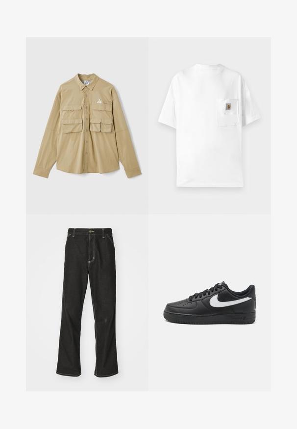 Cămașă khaki cu butoni, mâneci lungi, două buzunare frontale și un patch în formă de triunghi. Fabricată dintr-un material ușor, cu o textură netedă.; Tricou alb din bumbac, cu guler rotund, mâneci scurte și un buzunar pe piept cu un patch logo. Design minimalist și textură fără cusături.; Jeans negri din denim, cu o croială largă, cu cusături albe contrastante, închidere cu nasture și un design cu picior drept.; Sneakers negri Nike Air Force 1 cu un superior din piele netedă, accent de logo alb, vârf perforat și talpă din cauciuc texturat.