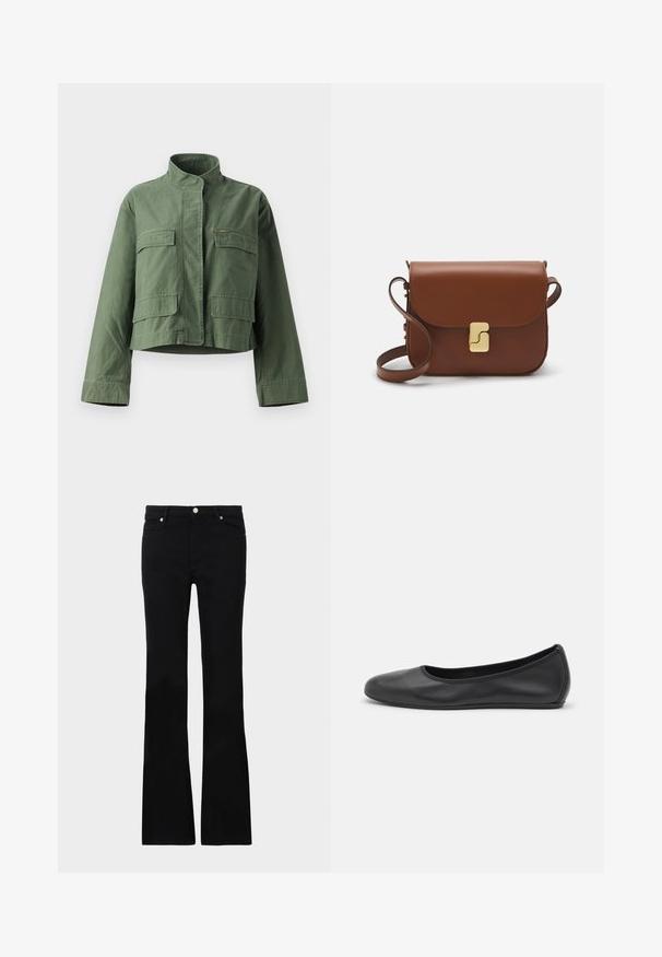 CLOSED CROPPED FIELD JACKET - Lahka jakna - khaki; Bela rebrasta majica bez rukava z širokimi naramnicami in oprijetim krojem. Ima majhen odtisnjen logo blizu roba.; Črne zvonaste kavbojke iz denima, ki imajo dve sprednji žepi, gumbasto zapiranje in gladko teksturo. Oznaka zašite vidna na šivih.; Črne usnjene balerinke z zaobljenim nosom, gladko teksturo, minimalnimi šivi in fleksibilno zasnovo podplata.; Rjava usnjena torbica s poklopcem, zlato obarvani okovi, naramnica in gladka tekstura. Kompaktna pravokotna oblika.