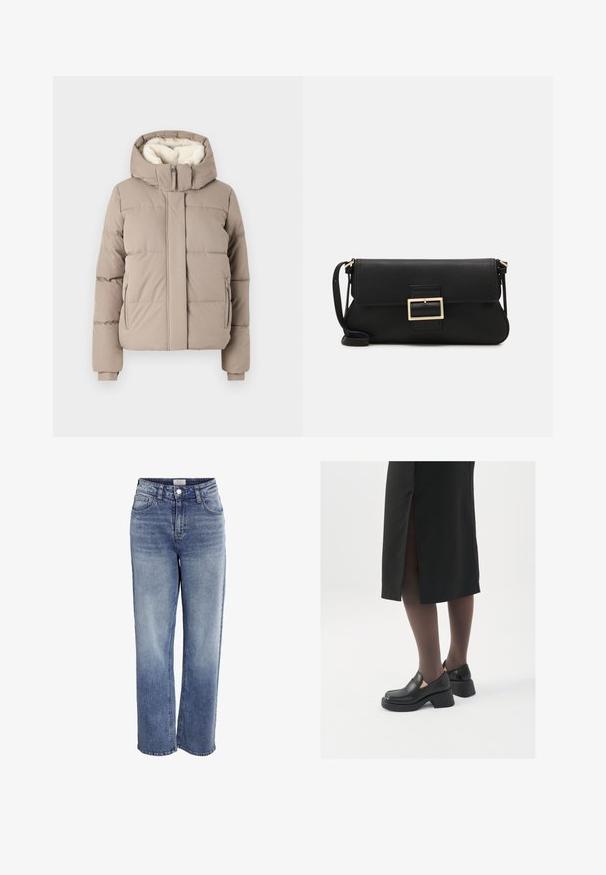 Hollister Co. ALL WEATHER PUFFER - Winter jacket - driftwood; White sleeveless tank top made of ribbed fabric, featuring a rounded neckline and a fitted silhouette, with minimal seams and no embellishments.; Light blue denim wide-leg jeans with a high waist, front pockets, and a zipper fly. Features a faded wash and raw hem at the ankles.; Black leather shoes with a rounded toe, thick block heel, and elastic side accents, paired with dark tights and a black skirt with a slit.; Black leather clutch bag with a flap and a gold metal buckle detail. Includes a black strap and a sleek, minimalist design.