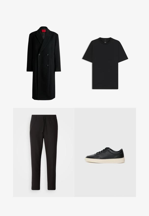 HUGO Klassisk frakke - black one; Sort kortærmet T-shirt lavet af en glat bomuldsblanding, med en rund halsudskæring og et minimalistisk design uden mønstre eller accenter.; Sorte joggebukser lavet af glat stof. Har en elastisk talje med snor, tætsiddende ben og ingen synlige lommer. Enkel design.; Sort lavt top lædersneaker med sorte snørebånd og off-white sål vist i sideprofil på hvid baggrund.