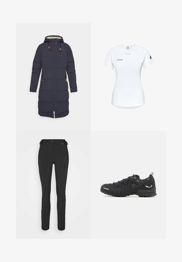 Navy pufferjack met een capuchon, voorzien van ritszakken aan de zijkant, elastische trekkoorden en een doorgestikt ontwerp voor thermische isolatie.; Korte mouwen witte sportshirt met een ronde halslijn, voorzien van een logo op de borst en een gladde, lichte stoftextuur.; Zwarte, strakke broek gemaakt van een flexibel materiaal. Kenmerken zijn onder andere een ritszak aan de zijkant, gebogen knieën en een gladde textuur.; Zwarte wandelschoenen met een bovenkant van textuurstof, een vetersysteem en een robuuste rubberen zool. Verfraaid met reflecterende details en logo's.