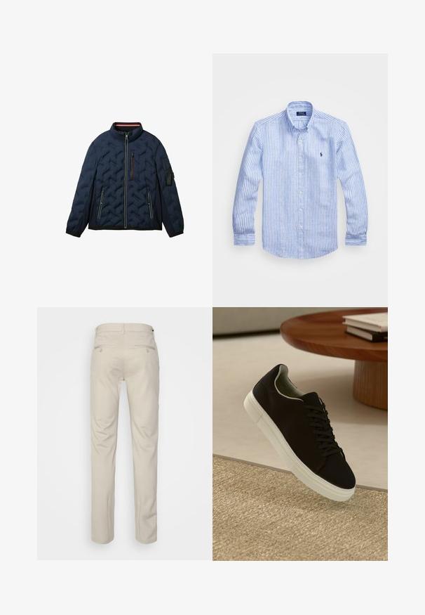 Mornarsko modra napihnjena jakna z visokim ovratnikom, poševnimi žepi na zadrgo, elastičnimi manšetami in teksturiranim prešitim vzorcem. Vključuje tudi majhen žep na rami.; Modra in bela prugasta srajca z dolgimi rokavi iz bombaža, s kragnico na gumb, sprednjimi gumbi in majhnim izvezenim logotipom na prsih.; Bež hlače z gladko teksturo, ravnega kroja, dvema zadnjima žepoma z gumbi in standardnim pasom.; Črni športni copat z belim podplatom lebdi nad bež teksturiranim preprogam blizu okroglega lesenega mize z zloženimi knjigami.