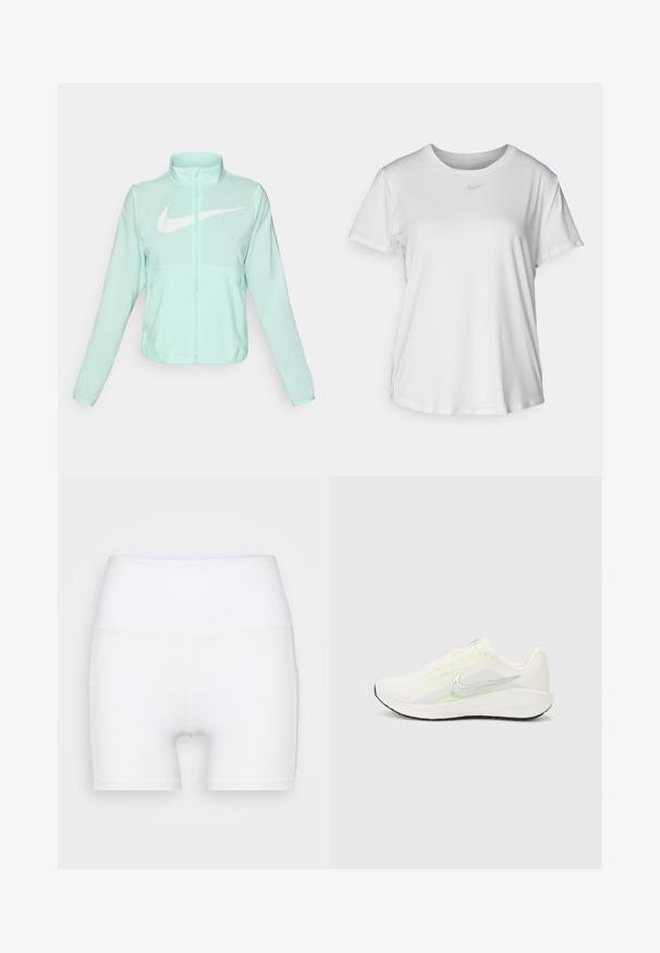 Mint zaļš Nike jaka ar augstu apkakli, pilnu rāvējslēdzēju, garām piedurknēm un izteiksmīgu balto swoosh logotipu uz krūtīm. Viegls audums.; Balta īsām piedurknēm T-kreklā, kas izgatavota no gludas auduma, ar apaļo kakla izgriezumu un mazu pelēku Nike logo uz krūšu.; Baltā krāsā augsto jostasvietu šorti, izgatavoti no elastīga auduma. Raksturīga gluda virsma un pieguļoša piegriezuma forma, bez papildu rakstiem vai detaļām.; Nike Performance DOWNSHIFTER 13 - Apavi skriešanai pa asfaltu - sail/silver-coloured photon dust/summit white/barely volt/black