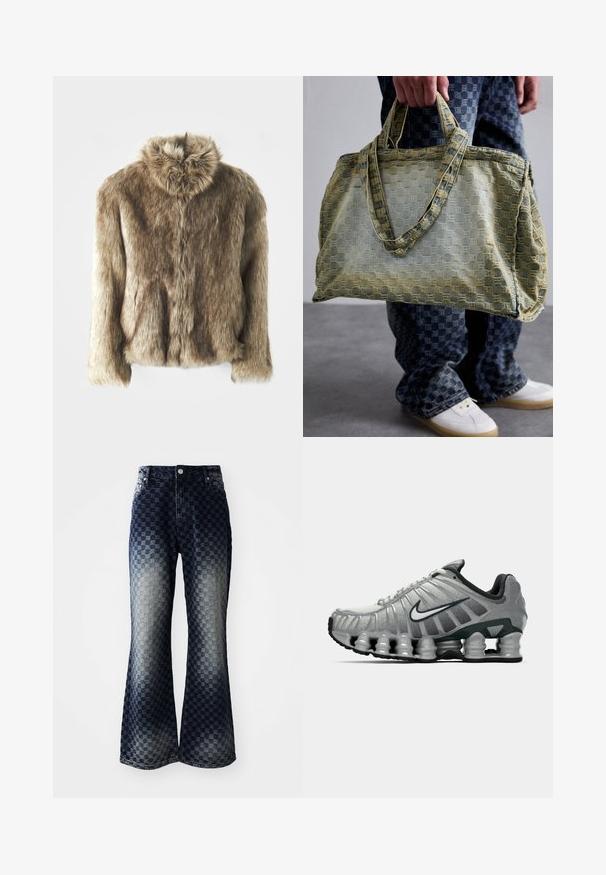 Faux-Fur-Jacke in Brauntönen mit umschlägigem Kragen. Verfügt über einen Frontverschluss, lange Ärmel und eine weiche, strukturierte Oberfläche.; Weiße Baumwoll-T-Shirt mit kurzen Ärmeln, rundem Ausschnitt, lockerer Passform und ohne sichtbare Logos oder Muster. Glatte Textur und minimalistisches Design.; Ausgestellte Jeans aus Denim mit einem dunkel-zu-hellen Ombre-Karomuster, ausgestattet mit einem Reißverschluss, klassischem Fünf-Taschen-Design und silbernen Hardware-Akzenten.; Grauer und schwarzer Nike-Laufschuh mit sichtbarer federähnlicher Dämpfung unter der Sohle und einem weißen Swoosh-Logo an der Seite.; Eine Person hält eine große, strukturiert gelbe und blaue Tragetasche und trägt karierte blaue Hosen sowie weiße Turnschuhe auf einem grauen Boden.