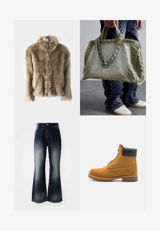 Lommissjacka i bruna nyanser med en vikbar krage. Har framknäppning, långa ärmar och en mjuk, texturerad yta.; Långärmad termotröja i olivgrön med en åtsittande design, som har en hög nacke och kontrasterande randig textur. Varumärket "MISBHV" visas tydligt.; Uppfällda denimjeans med ett mörkt till ljust ombremenat rutmönster, som har en dragkedja fram, klassisk femficksdesign och silverfärgade detaljer.; Tan mockasins ankelstövlar med svart vadderad krage, guldmetallöglor, vit sömdekor och slitstöt gummisula med utmärkta mönster.; Person som håller en stor texturerad gul och blå tote-väska, iklädd blå rutiga byxor och vita sneakers på ett grått golv.