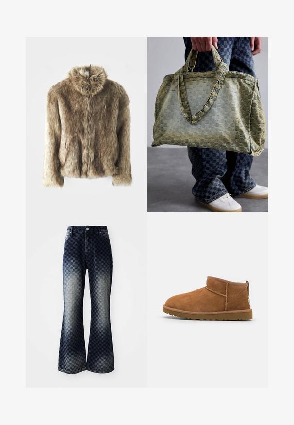 Faux fur jacket in shades of brown with a fold-over collar. Features a front closure, long sleeves, and a soft, textured surface.; Long-sleeve thermal shirt in olive green with a fitted design, featuring a high neck and contrasting striped texture. Brand name "MISBHV" displayed prominently.; Flared denim jeans with a dark to light ombre checkered pattern, featuring a zipper fly, classic five-pocket design, and silver hardware accents.; Tan suede ankle boot with a rounded toe, subtle stitching details, and a textured rubber sole. Short height without laces.; Person holding a large textured yellow and blue tote bag, wearing blue checkered pants and white sneakers on a gray floor.