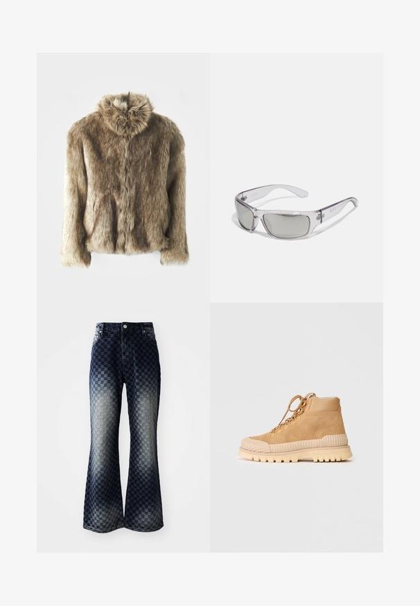 Jachetă din blană artificială în nuanțe de marou, cu guler tip pliat. Are închidere frontală, mâneci lungi și o suprafață moale, texturată.; Cămașă termică cu mâneci lungi, de culoare verde măslin, cu un design ajustat, având un guler înalt și o textură în dungi contrastante. Numele brandului "MISBHV" este afisat proeminent.; Jeans din denim cu talie evazată, cu un model carourile de la închis la deschis, având fermoar, design clasic cu cinci buzunare și accesorii din metal argintiu.; Sneakers înalte din suede bej, cu talpă din cauciuc ribbat, vârf rotund și ochiuri metalice pentru șireturi; prezintă o căptușeală interioară pufoasă.; Ochelari de soare cu ramă din plastic transparent, lentile gri, design cu înfășurare și detaliu cu logo pe lateral. Textură netedă cu brațe curbate.; Persoană care ține o geantă mare texturată galbenă și albastră, purtând pantaloni în carouri albastre și adidași albi pe un podea gri.