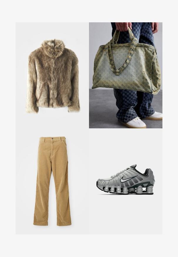 Sztuczna futrzana kurtka w odcieniach brązu z kołnierzem z zakładką. Posiada zapięcie z przodu, długie rękawy oraz miękką, strukturalną powierzchnię.; Biała, długa koszulka z okrągłym dekoltem z długim rękawem, z zieloną metką przy dekolcie, ułożona płasko na białym tle.; Brązowe spodnie z korduroju z kieszeniami z przodu, szlufkami na pasek, zapięciem na guzik i prostym krojem, leżące na białym tle.; Szare i czarne buty biegowe Nike z widocznym, sprężystym tłumieniem pod podeszwą oraz białym logo swoosh po boku.; Osoba trzymająca dużą, teksturowaną torbę typu tote w kolorze żółtym i niebieskim, ubrana w niebieskie spodnie w kratę i białe trampki na szarym podłożu.