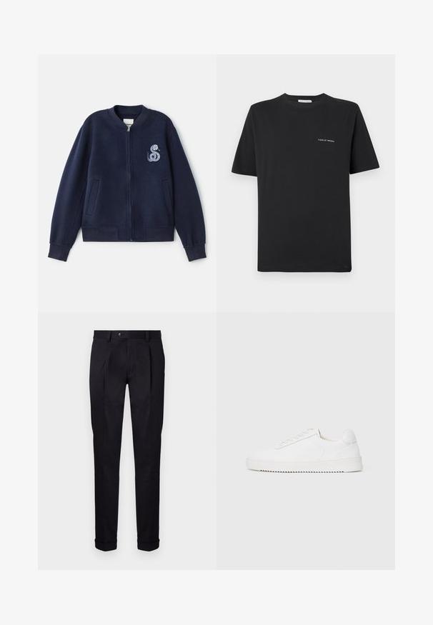 Marinblå zip-up bomberjacka i mjukt tyg, med en liten broderad ormdesign på vänster bröst och två sidofickor.; Svart bomull T-shirt med rund halsringning, korta ärmar och en liten vit "TIGER OF SWEDEN" logotyp på bröstet. Klassisk passform.; skräddarsydda svarta byxor i en mjuk tygkvalitet, med flat front, två framveck och uppvikta benslut för en ren och strukturerad look.; Vit sneaker med en slät läderöverdel, rund tå, snören, strukturerade sidodekorationer och en tjock gummisula. Minimalistisk design.