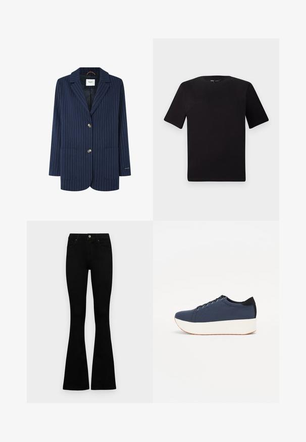 Tume sinine triibuline bleiser, mis on valmistatud särk- või ülikangast, millel on sälguga krae, kaks eesmist taskut ja kuldse tooni nupud. Vooderdatud sisu. Tavaline lõige.; Must olema lühikeste varrukatega must t-särk ümmarguse kaelusega, valmistatud pehmest puuvillast kangast. Lihtne disain, ilma nähtavate logode või mustriteta.; Mustad kõrge vöökohtadega teksad, millel on nööp ja lukuga sulgemine, esikäe taskud ja laienevad sääred, asetatud tasasele valgele taustale.; Tumedat sinised tennised tekstureeritud riidest pealispinnaga, valge platvormi tallaga, ümarate varvaste ja musta kontsapaneeliga. Omab kuut silma paelte jaoks.