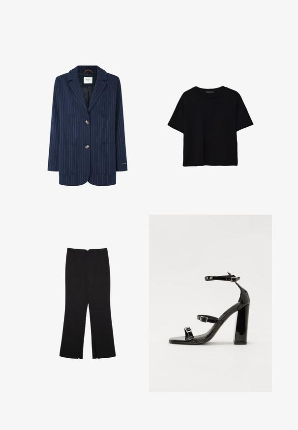 Mornarsko prugasta blejzer iz tkanine z notch reverjem, dvema sprednjima žepoma in gumbi z zlatim tonom. Podloženo notranjost. Redna prileganje.; Črna kratkotrajna majica brez rokavov iz bombaža. Ima okroglo ovratnico in sproščen kroj z gladko, enostavno teksturo. Brez vidnih vzorcev ali dodatkov.; Črne hlače ravnega kroja z naglavnimi žepi in stranskimi razporki na robu. Narejene iz mehke, gladke tkanine. Primerne za različne priložnosti.; Črne lakirane sandale s peto, kvadratnim prstom, trakovi okrog gležnja in srebrnimi zaponkami. Opremljene so s stabilno Debelo peto.