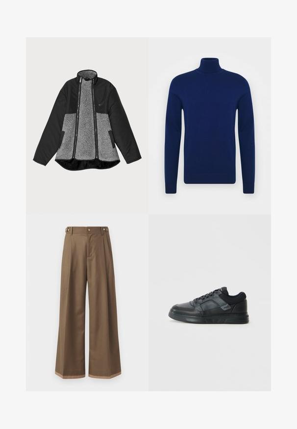 Musta ja harmaa takki, jossa on fleece-vuori ja sileä pinta. Ominaisuuksiin kuuluvat korkea kaulus, vetoketjusuljenta ja sivutaskut.; Laivastonsininen poolopaita, joka on valmistettu sileästä neulekankaasta. Pitkät hihat ja vartalonmyötäinen malli, jossa on ribbauskohdistukset kauluksessa ja helmassa.; Valkoiset housut tummasta ruskeasta kankaasta, joissa on kaksi sivutaskua, kaksi koristeellista etunappia ja kontrastivärinen helma.; Mustat tennarit, joissa on sileä nahkapinta, verkkokankaiset yksityiskohdat, rei'itettyjä osia ja teksturoitu kumipohja, joka on matala profiililtaan.