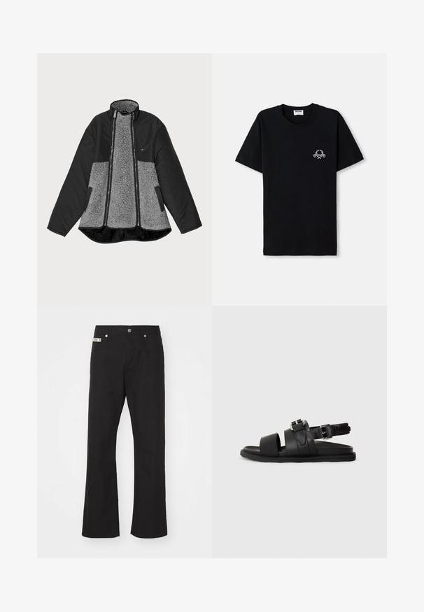 Schwarze und graue Jacke mit Fleece-Oberteil und glatter Außenseite. Verfügt über einen hohen Kragen, einen Reißverschluss und Seitentaschen.; Schwarzes Baumwoll-T-Shirt mit Rundhalsausschnitt. Besitzt ein kleines weißes grafisches Design auf der Brust. Kurze Ärmel und gerade Saum.; Schwarze Baumwollhose mit geradem Bein, mit einem Frontknopfverschluss, zwei seitlichen Taschen und einem kleinen Markenetikett am Bund.; Schwarze Leder-Sandale mit zwei breiten Riemen und einem verstellbaren Knöchelriemen mit einer Schnalle. Flache Sohle mit strukturiertem Rand.