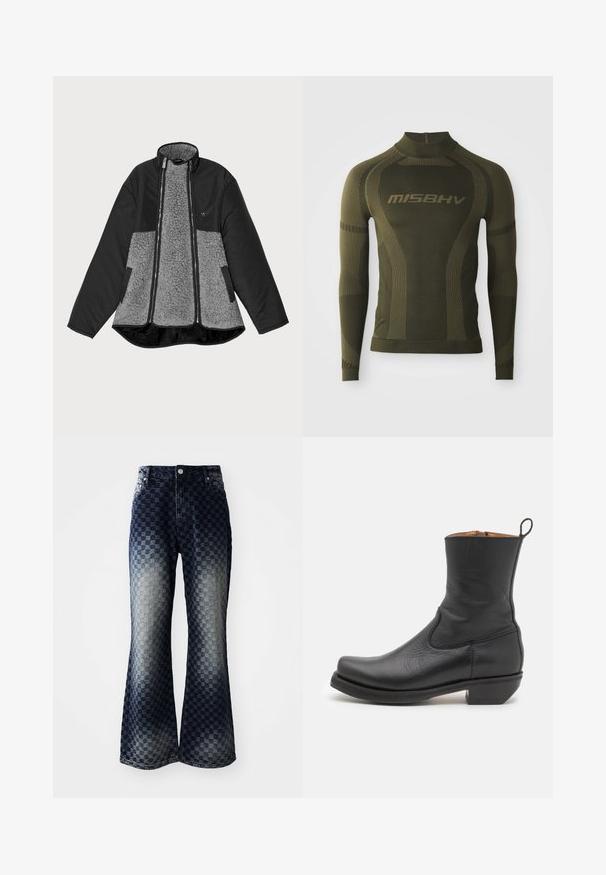 Chaqueta negra y gris con un cuerpo de forro polar y exterior suave. Presenta un cuello alto, cierre de cremallera y bolsillos laterales.; Camiseta térmica de manga larga en color verde oliva con un diseño ajustado, que presenta un cuello alto y una textura de rayas en contraste. Nombre de la marca "MISBHV" exhibido de manera destacada.; Vaqueros de mezclilla acampanados con un patrón de cuadros en ombré de oscuro a claro, que cuentan con cremallera, diseño clásico de cinco bolsillos y acentos de hardware en plata.; Botín negro de cuero hasta el tobillo con una textura suave, perfil esbelto, costuras laterales y un tacón cuadrado bajo. Cuenta con una lengüeta en la parte posterior.
