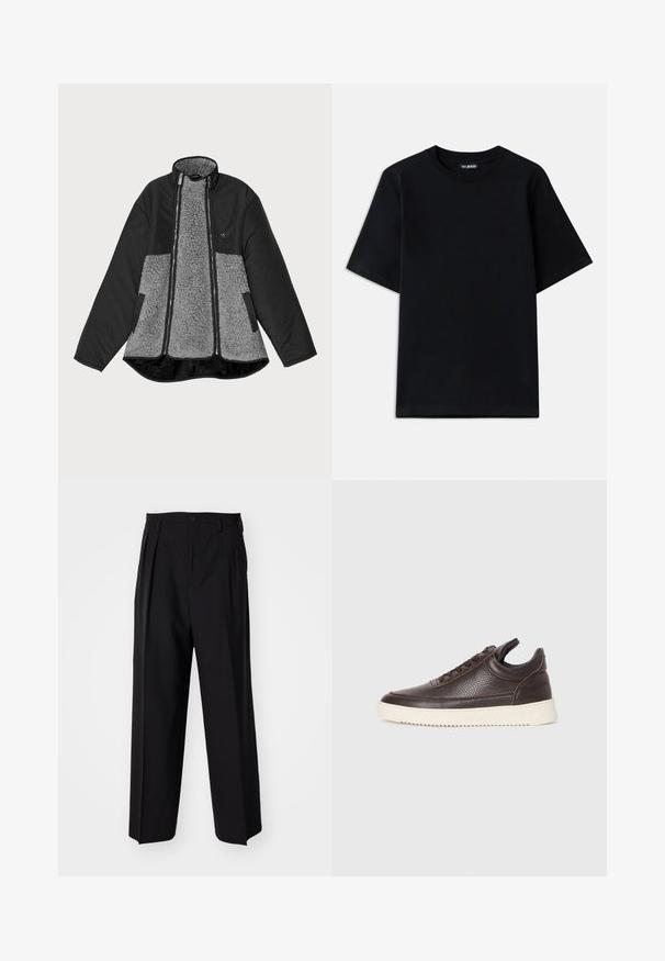 Črna in siva jakna z flisastim telesom in gladkim zunanjem. Ima visok ovratnik, zadrgo in stranske žepke.; Črna bombažna majica s kratkimi rokavi in krožnim izrezom. Ima diskreten vezen logotip na levem prsnem predelu. Ravna, gladka tekstura.; Črne nabirane hlače s ravnim, širokim krojem. Narejene so iz gladkega materiala in imajo zadrgo ter pasne zanke.; Temno rjava textured usnjena superga z vezalkami in belim rebrastim gumijastim podplatom na enostavni svetli podlagi.