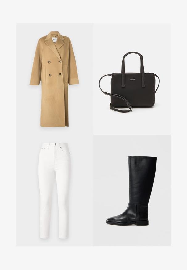 Beige uldblandingsfrakke med dobbeltknaplukning, der har store knapper, klapkrave og to forlommer.; Sort bomulds t-shirt med korte ærmer, rund halsudskæring og lille hvid "Calvin Klein" logo på brystet. Glat tekstur, klassisk pasform.; Hvide denim jeans med høj talje, tapered ben og fem-lomme stil. Har metalknap og nitter, glat tekstur.; Sorte læderknæhigh støvler med rund tå, glat tekstur, minimalistisk design og flad sål. Enkle sømdetaljer på skaftet.; Sort håndtaske med to korte håndtag og en aftagelig skulderrem. Glat læderagtigt materiale med lynlåslukning og logo detaljer.