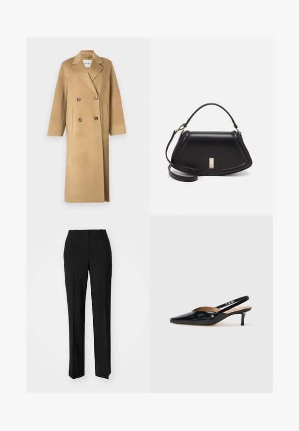 Cappotto in misto lana beige con design doppiopetto, caratterizzato da grandi bottoni, rever a punta e due tasche frontali.; T-shirt bianca cropped, maniche corte e larghe, tessuto di cotone morbido, scollatura rotonda con bordino arancione sottile, design minimale, senza motivi o grafiche.; Pantaloni neri su misura con un design a gamba dritta, caratterizzati da una texture liscia e pieghe ben definite sul davanti. Senza hardware visibile.; Décolleté slingback in vernice nera con punta affilata, tacco basso e design con aperture sul vamp. Accento in hardware color oro sul lato.; Borsa a mano in pelle nera con un design strutturato, caratterizzata da una forma corta, manico superiore e accessori in metallo dorato. Inclusa tracolla regolabile.