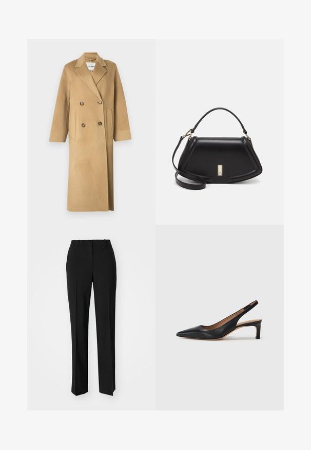 Abrigo de mezcla de lana beige con un diseño de doble botonadura, que presenta grandes botones, solapas muestradas y dos bolsillos frontales.; Camiseta de algodón negra con cuello redondo, mangas cortas y un logo bordado en el pecho. Ajuste simple y relajado sin patrones.; Pantalones negros ajustados con un diseño de pierna recta, que presentan una textura suave y pliegues nítidos en el frente. Sin herrajes visibles.; Zapato de tacón tipo slingback de cuero negro con punta afilada, tacón bajo y una textura suave. Cuenta con una delgada correa ajustable para un ajuste seguro.; Bolso de mano de cuero negro con un diseño estructurado, que presenta una forma recortada, asa superior y acentos en dorado. Correa de hombro ajustable incluida.