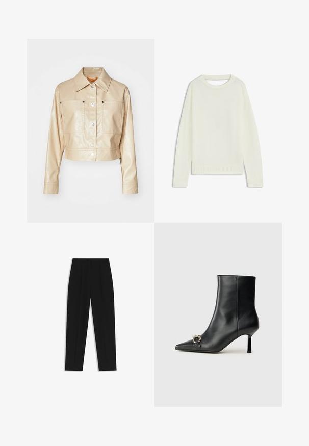 Avkortad beige imitationläderjacka med spetsig krage, silverfärgade tryckknappar, två bröstfickor och slät yta.; Ljus krämfärgad tröja med rund hals, långa ärmar, ribbat nederkant och en mjuk struktur. Inga mönster eller synliga hårdvarudetaljer.; Svarta byxor med rak passform, med dubbla fickor, en slät yta och en klassisk midje-design. Ingen synlig hårdvara eller detaljer.; Svart läderankelboot med spetsig tå, smal medelhög klack och silverfärgad spänndetalj på sidan mot en enfärgad bakgrund.