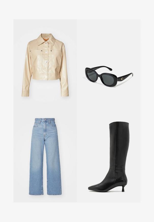 Geknipte beige imitation leren jas met een puntkraag, zilveren drukknoopjes, twee borstzakken en een gladde textuur.; Witte langärmelige overhemd met knopen, gemaakt van katoen. Bevat een klassieke kraag en subtiele gebrandmerkte borduursels op de borst. Soepele textuur.; Lichtblauwe high-waist wijde jeans met een knoop- en ritssluiting aan de voorkant, voor- en achterzakken, op een witte achtergrond.; Zign Laarzen - black; Zwarte zonnebril met ronde lenzen, glanzend plastic montuur en een gouden logo-accent op de pootjes. Donkere lenzen bieden UV-bescherming.; Zwarte gepatineerde leren handtas met gouden hardware, inclusief een sluiting. Voorzien van een textuurontwerp en een afneembare schouderriem. Compact rechthoekige vorm.; Gouden bangle met een gladde buitenkant en een gestructureerde binnenkant. Kenmerkt zich door een brede, ronde vorm met een open uitsparing aan één kant.