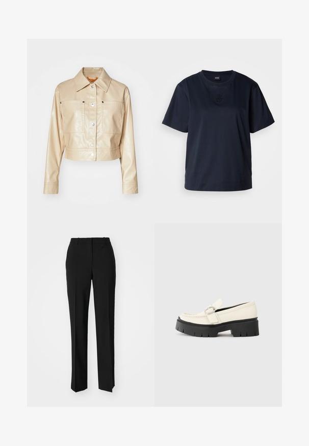 Jaqueta cropped bege em pele sintética com gola pontuda, botões de pressão prateados, dois bolsos no peito e textura suave.; T-shirt de manga curta azul marinho feita de algodão macio. Apresenta um decote redondo e um logo bordado discreto no peito.; Calças pretas de corte ajustado com um design de perna reta, apresentando uma textura lisa e pregas bem definidas na frente. Sem hardware visível.; Mocassim de couro branco com sola plataforma preta robusta, apresentando uma fivela retangular prateada e detalhes de costura visíveis na parte superior.