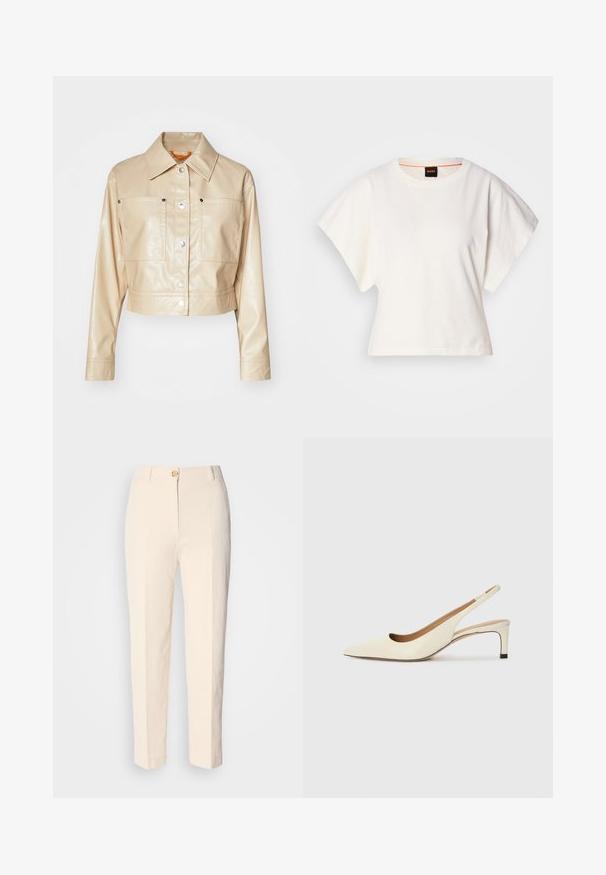 Izrezana bež jakna od umjetne kože s točkom kragnom, srebrnim dugmadi za snap, dva džepa na prsima i glatkom teksturom.; Bijeli skraćeni T-shirt, široke kratke rukave, mekani pamučni materijal, okrugli izrez s suptilnim narančastim detaljem, minimalistički dizajn, bez uzoraka ili grafika.; Kremaste, hlače visokog struka napravljene od strukturirane tkanine. Imaju prednje kopčanje na dugme i sužene nogavice.; Cipele s otvorenim petama u boji off-white, od kože, s uskim vrhom, niskom petom i izrezbarenim dizajnom, glatke teksture i minimalnim detaljima.