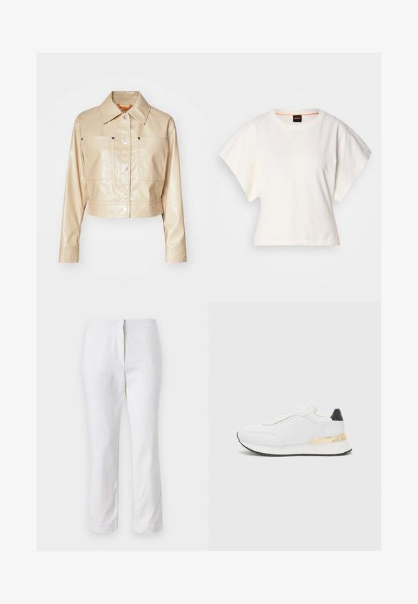 Kratka bež jakna iz umetnega usnja s točkastim ovratnikom, srebrnimi pritisnimi gumbi, dvema žepoma na prsih in gladko teksturo.; Bela skrajšana majica s kratkimi širokimi rokavi, mehka bombažna tkanina, okrogla ovratnica z diskretnim oranžnim robom, minimalističen dizajn, brez vzorcev ali grafike.; Beli bombažne hlače s ravnim krojem, srednje visoko pasom, brez vidnih kovinskih elementov ali vzorcev. Gladka textura po vsej površini.; Bela tenisa z gladko površino, ki se ponaša z črnimi detajli na peti in zlatim kovinskim dodatkom na srednjem delu podplata. S sistemom vezalk, gumijast podplat.