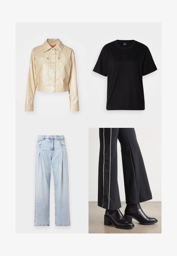 Zkrácená béžová koženka s límečkem, stříbrnými cvoky, dvěma náprsními kapsami a hladkým povrchem.; Černé bavlněné tričko s kulatým výstřihem, krátkými rukávy a vyšitým logem na hrudi. Jednoduchý, volný střih bez vzorů.; Světlé modré džíny z denimu s vysokým pasem, širokým střihem, dvěma bočními kapsami a nařaseným designem. Měkká textura s vybledlým povrchem.; Černé kožené kotníkové boty na blokovém podpatku, s elastickými bočními panely. V kombinaci s černými kalhotami, které mají bílý boční pruh.
