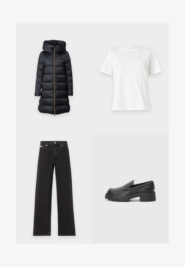 Black puffer coat with a hood, featuring a zip front, quilted texture, and long sleeves. Includes a drawstring at the hem and gold hardware accents.; White cotton t-shirt with short sleeves, round neckline, and a relaxed fit. Smooth texture, no patterns or accents, minimalistic design.; Black wide-leg jeans made of denim, featuring a high-rise waist, five-pocket styling, and a metal button closure with contrasting stitching.; Black leather loafers with a rounded toe, thick textured sole, and minimal stitching details. Sleek design with no visible laces or hardware.