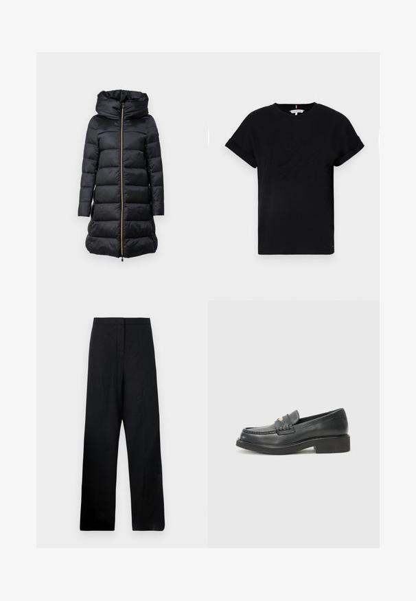 Sort dunjakke med hætte, med lynlås fortil, kviltet tekstur og lange ærmer. Inkluderer snor i kanten og guldfarvede detaljer.; Sort bomulds T-shirt med rullede korte ærmer, der har et præget logo i midten og en lille flagdetalje på siden.; Bredde bukser i sort lavet af et let stof. Har en glat overflade, høj talje og minimale syninger.; Sorte læder loafers med et vævet detaljer på vampen, et guld logo, og en kraftig sort gummisål. Glat tekstur med let glans.