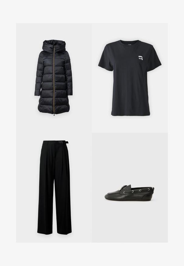 Schwarze Daunenjacke mit Kapuze, ausgestattet mit einem Reißverschluss, gestepptem Material und langen Ärmeln. Mit einem Kordelzug am Saum und goldenen Hardware-Akzenten.; Schwarzes Baumwoll-T-Shirt mit kurzen Ärmeln und rundem Halsausschnitt. Verfügt über ein kleines, weißes Grafikdesign auf der Brust. Glatte Textur, lässige Passform.; Schwarze weit geschnittene Hosen mit hoher Taille, Falten an der Vorderseite und einem Gürtel mit Schnalle. Hergestellt aus glattem, leichtem Stoff.; Schwarze Lederbootsschuhe mit runder Zehenpartie, Schnürung vorne, metallischen Ösen und flacher Sohle. Verfügt über eine kleine Lasche hinten.