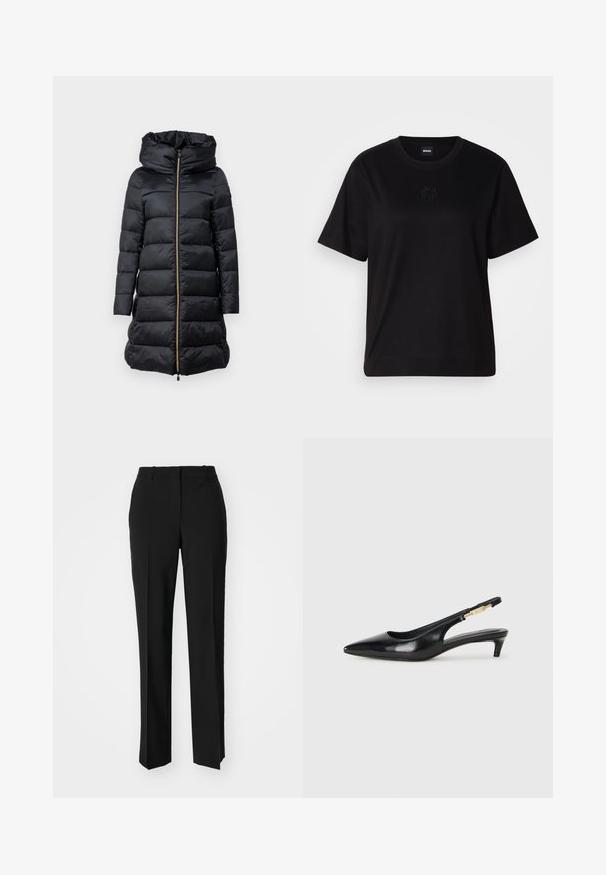 Abrigo acolchado negro con capucha, con cierre frontal de cremallera, textura acolchada y mangas largas. Incluye un cordón ajustable en el dobladillo y detalles en dorado.; Camiseta de algodón negra con cuello redondo, mangas cortas y un logo bordado en el pecho. Ajuste simple y relajado sin patrones.; Pantalones negros ajustados con un diseño de pierna recta, que presentan una textura suave y pliegues nítidos en el frente. Sin herrajes visibles.; Tacones negros de piel sintética tipo slingback con punta afilada, que cuentan con un tacón delgado y un detalle en tono dorado en la correa ajustable. Textura suave.